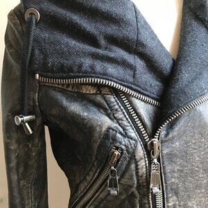 Womens Andrew Marc Leather Jacket Size XS Black Brown Moto Hoodie Biker Grunge